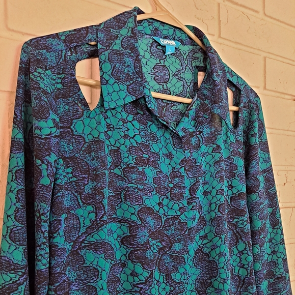 Nanette Lepore Tops - L'AMOUR Nanette Lepore blue/teal cut outs long sleeve button up blouse/t…